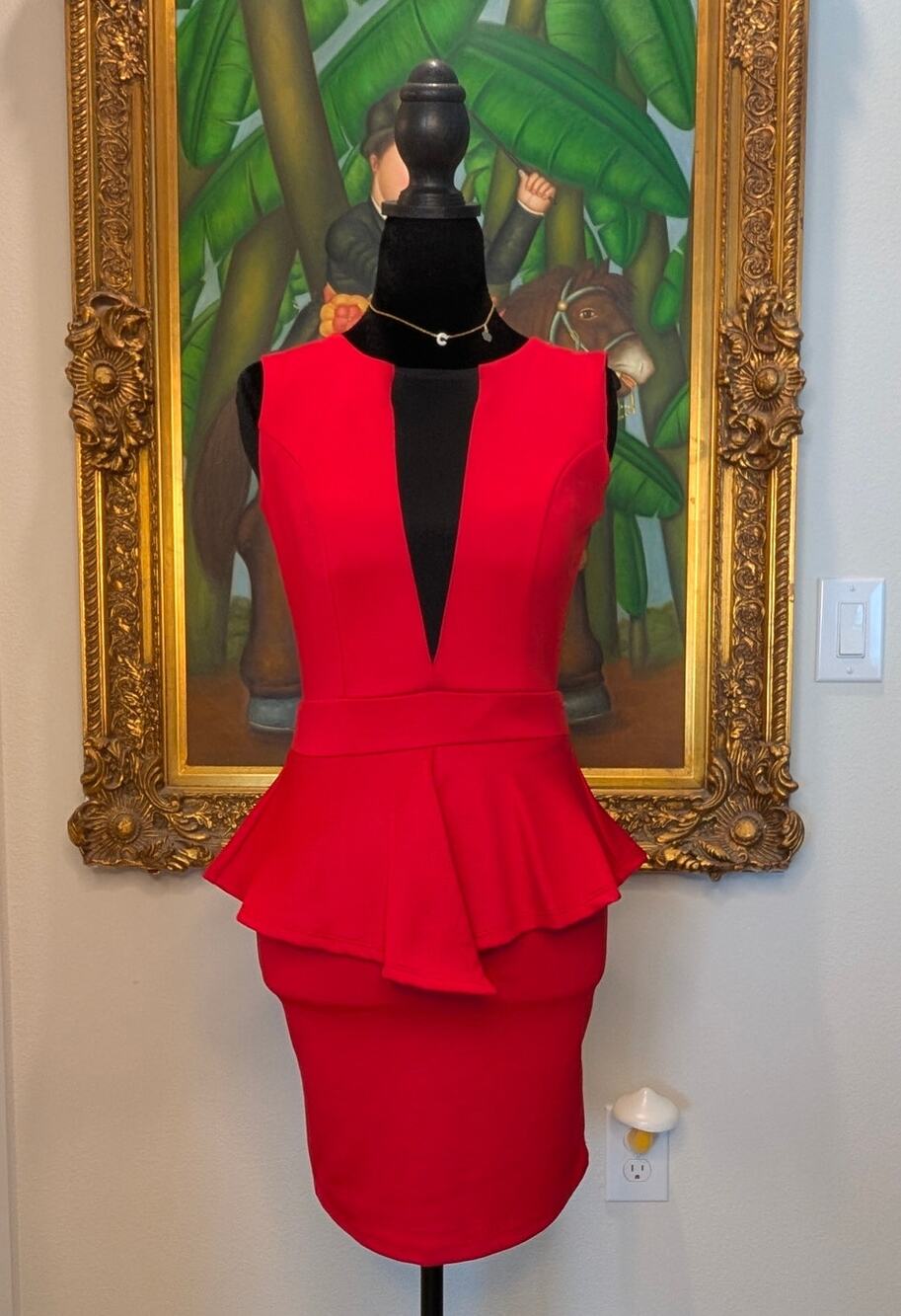 VTG Arden B Vintage Peplum Bodycon Dress Mesh Illusion Cutout Back Red Womens XS